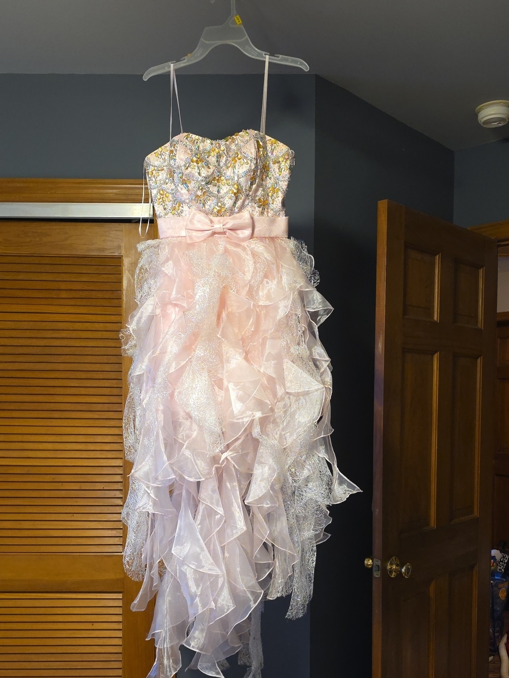 Juniors Pink Ruffle Party Dress with Sparkle Bodice